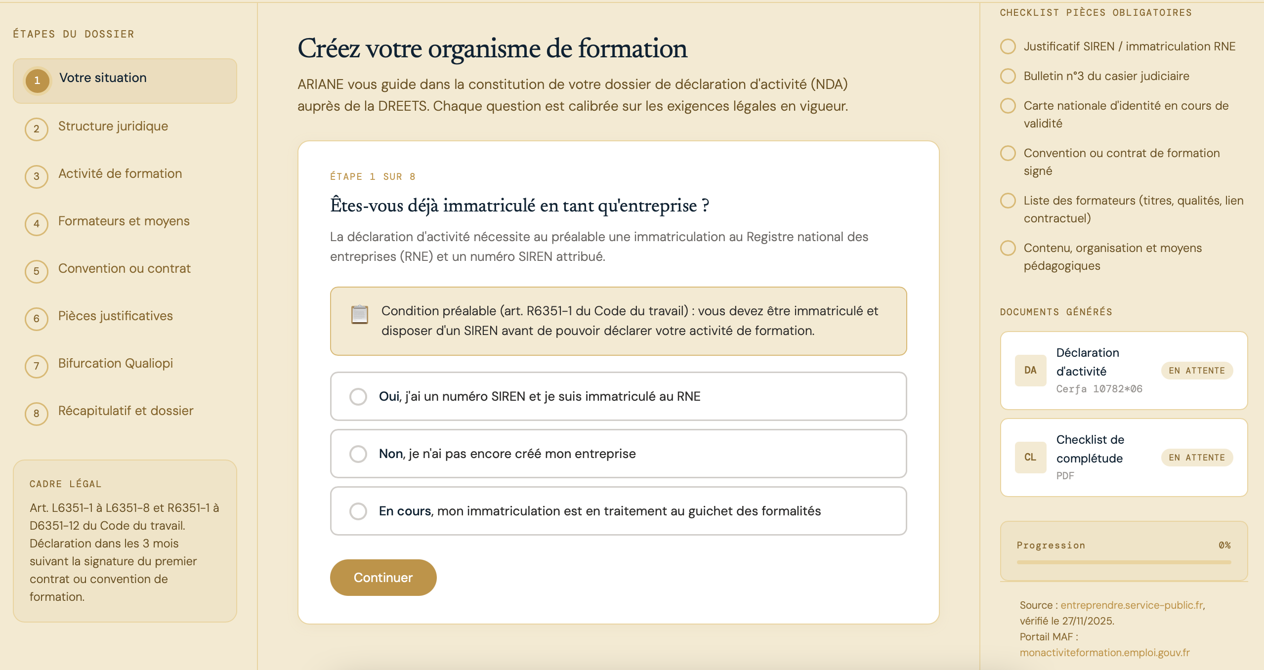 Interface ARIANE, création d'organisme de formation